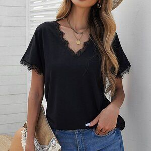 Women's Casual V Neck Lace Short Sleeve Top